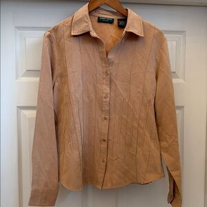 Lemon Grass Studio Beige Pintuck faux suede Button Down Blouse L festival Boho